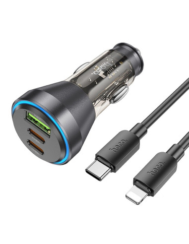 HOCO chargeur de voiture USB A + 2 x Type C + câble Type C vers Lightning PD QC3.0 3A 60W NZ12D transparent noir