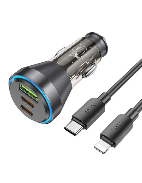 HOCO chargeur de voiture USB A + 2 x Type C + câble Type C vers Lightning PD QC3.0 3A 60W NZ12D transparent noir