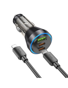 HOCO chargeur de voiture USB A + 2 x Type C + câble Type C vers Lightning PD QC3.0 3A 60W NZ12D transparent noir 2
