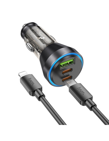 HOCO chargeur de voiture USB A + 2 x Type C + câble Type C vers Lightning PD QC3.0 3A 60W NZ12D transparent noir
