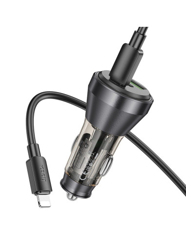 HOCO chargeur de voiture USB A + 2 x Type C + câble Type C vers Lightning PD QC3.0 3A 60W NZ12D transparent noir