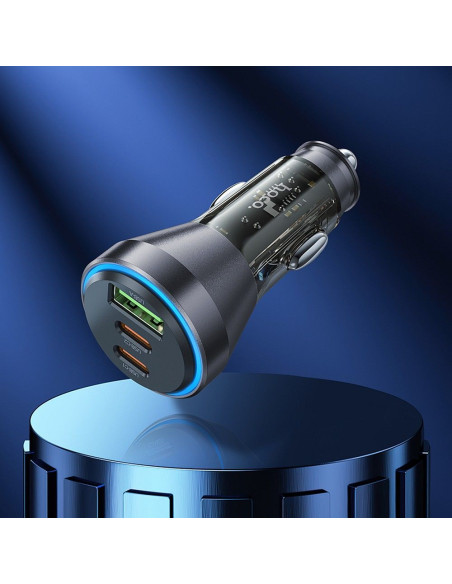 HOCO chargeur de voiture USB A + 2 x Type C + câble Type C vers Lightning PD QC3.0 3A 60W NZ12D transparent noir
