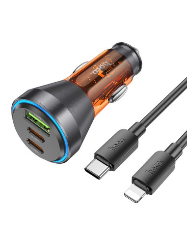 HOCO chargeur de voiture USB A + 2 x Type C + câble Type C vers Lightning PD QC3.0 3A 60W NZ12D transparent orange