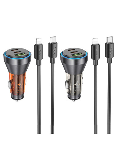 HOCO chargeur de voiture USB A + 2 x Type C + câble Type C vers Lightning PD QC3.0 3A 60W NZ12D transparent orange