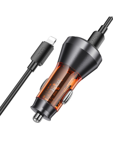 HOCO chargeur de voiture USB A + 2 x Type C + câble Type C vers Lightning PD QC3.0 3A 60W NZ12D transparent orange