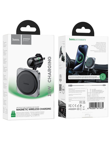 Support voiture à induction HOCO pour grille compatible avec MagSafe 15W HW15 noir gris