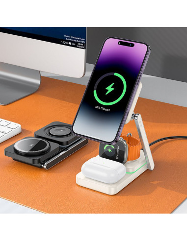 Chargeur inductif 3-en-1 HOCO compatible avec MagSafe 15W CQ10 blanc laiteux
