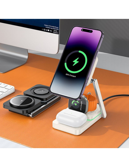 Chargeur inductif 3-en-1 HOCO compatible avec MagSafe 15W CQ10 blanc laiteux