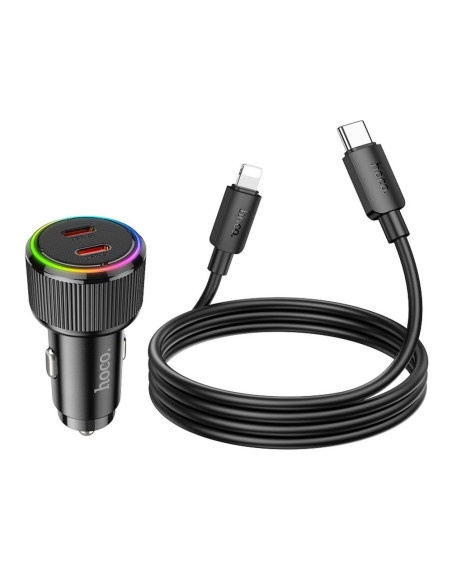 HOCO chargeur de voiture 2 x Type C QC PD 50W + câble Type C pour Ligntning NZ14B noir
