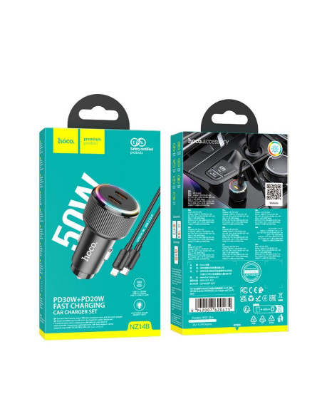 HOCO chargeur de voiture 2 x Type C QC PD 50W + câble Type C pour Ligntning NZ14B noir
