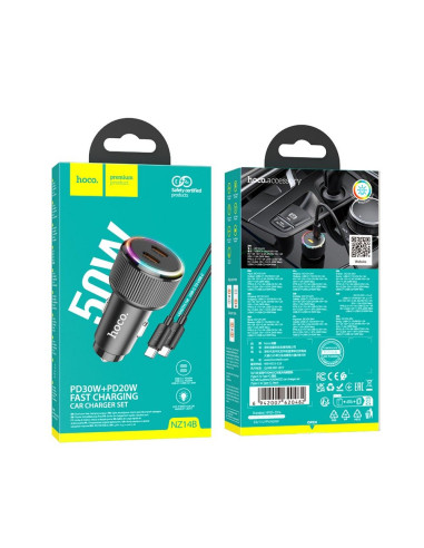 HOCO chargeur de voiture 2 x Type C QC PD 50W + câble Type C vers Type C NZ14B noir