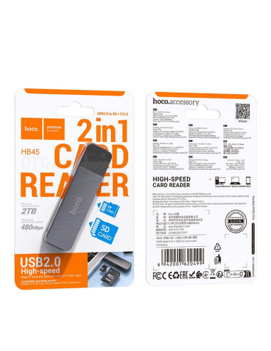 HOCO lecteur de cartes mémoire 2en1 USB A 2.0 HB45 gris