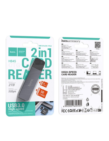 HOCO lecteur de cartes mémoire 2en1 USB A 3.0 HB45 gris