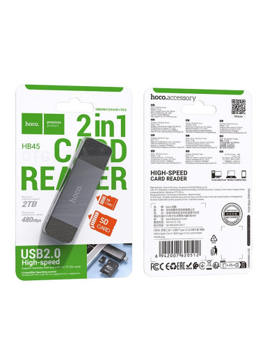 HOCO lecteur de cartes mémoire 2en1 USB A + Type C 2.0 HB45 gris