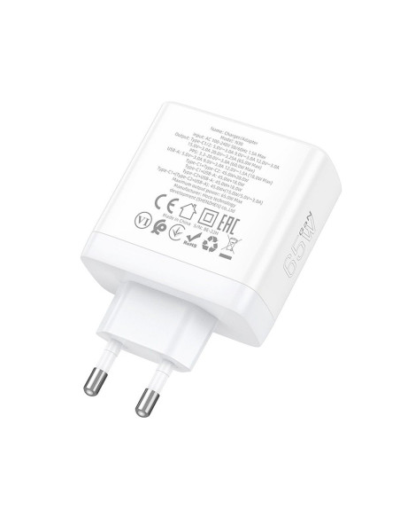 Chargeur secteur HOCO 2 x Type C + USB A QC PD 65W GaN N30 blanc