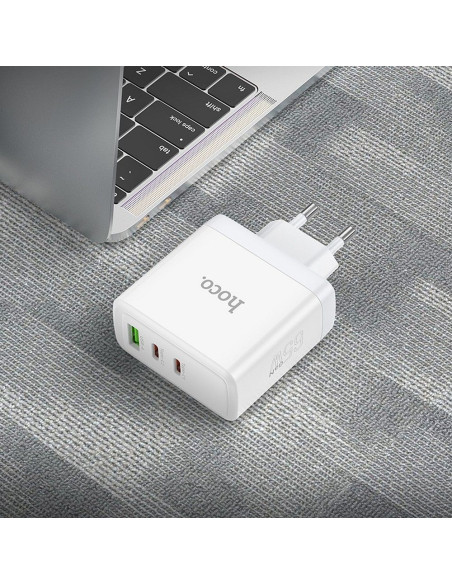 Chargeur secteur HOCO 2 x Type C + USB A QC PD 65W GaN N30 blanc