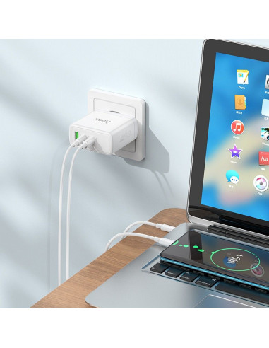 Chargeur secteur HOCO 2 x Type C + USB A QC PD 65W GaN N30 blanc