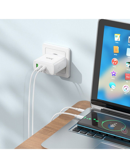 Chargeur secteur HOCO 2 x Type C + USB A QC PD 65W GaN N30 blanc