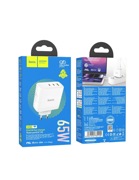 Chargeur secteur HOCO 2 x Type C + USB A QC PD 65W GaN N30 blanc
