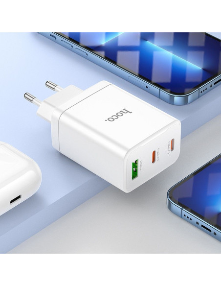 Chargeur secteur HOCO 2 x Type C + USB A PD QC3.0 3A 35W N33 blanc