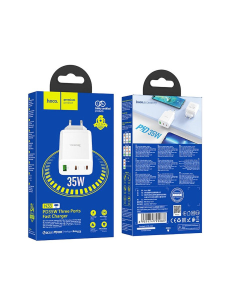 Chargeur secteur HOCO 2 x Type C + USB A PD QC3.0 3A 35W N33 blanc