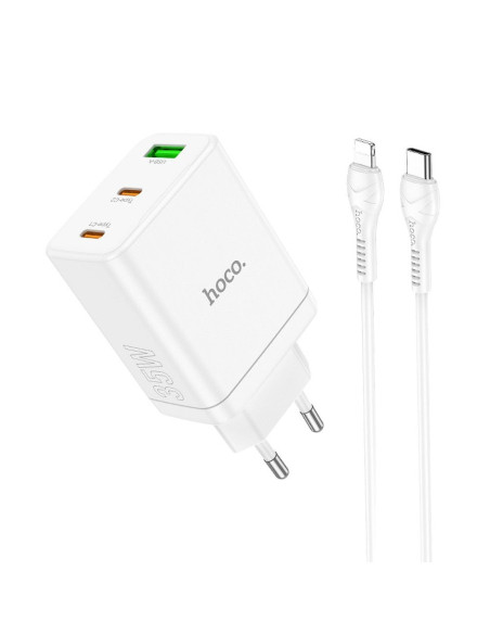 Chargeur secteur HOCO 2 x Type C + USB A + Câble Type C vers Lightning PD QC3.0 3A 35W N33 blanc