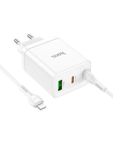Chargeur secteur HOCO 2 x Type C + USB A + Câble Type C vers Lightning PD QC3.0 3A 35W N33 blanc