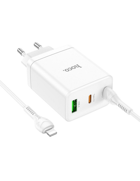 Chargeur secteur HOCO 2 x Type C + USB A + Câble Type C vers Lightning PD QC3.0 3A 35W N33 blanc
