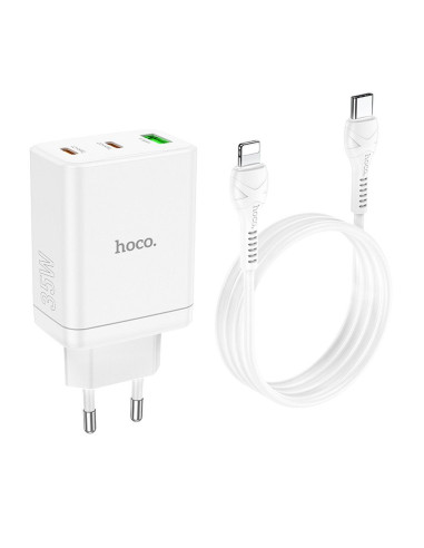 Chargeur secteur HOCO 2 x Type C + USB A + Câble Type C vers Lightning PD QC3.0 3A 35W N33 blanc