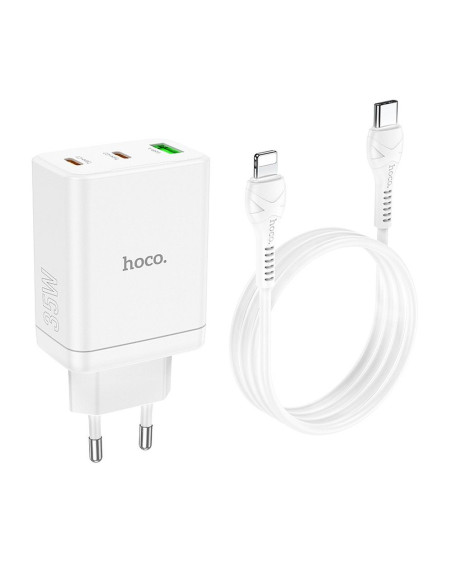 Chargeur secteur HOCO 2 x Type C + USB A + Câble Type C vers Lightning PD QC3.0 3A 35W N33 blanc
