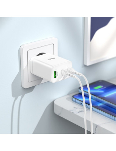 Chargeur secteur HOCO 2 x Type C + USB A + Câble Type C vers Lightning PD QC3.0 3A 35W N33 blanc