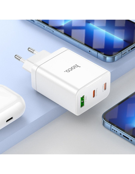 Chargeur secteur HOCO 2 x Type C + USB A + Câble Type C vers Lightning PD QC3.0 3A 35W N33 blanc