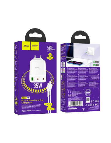 Chargeur secteur HOCO 2 x Type C + USB A + Câble Type C vers Lightning PD QC3.0 3A 35W N33 blanc