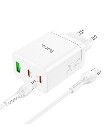 Chargeur secteur HOCO 2 x Type C + USB A + câble Type C vers Type C PD QC3.0 3A 35W N33 blanc