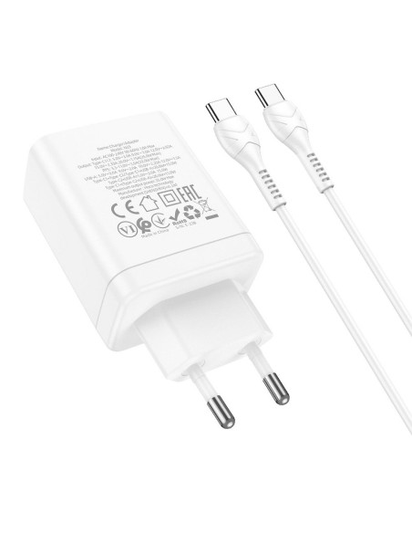 Chargeur secteur HOCO 2 x Type C + USB A + câble Type C vers Type C PD QC3.0 3A 35W N33 blanc