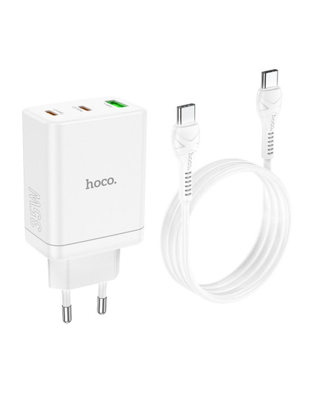 Chargeur secteur HOCO 2 x Type C + USB A + câble Type C vers Type C PD QC3.0 3A 35W N33 blanc