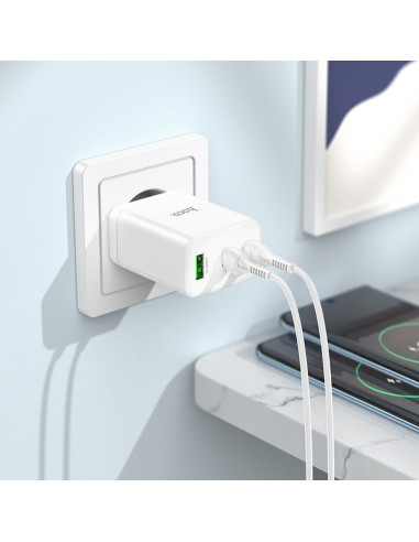 Chargeur secteur HOCO 2 x Type C + USB A + câble Type C vers Type C PD QC3.0 3A 35W N33 blanc