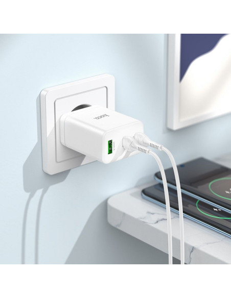 Chargeur secteur HOCO 2 x Type C + USB A + câble Type C vers Type C PD QC3.0 3A 35W N33 blanc