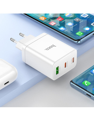Chargeur secteur HOCO 2 x Type C + USB A + câble Type C vers Type C PD QC3.0 3A 35W N33 blanc