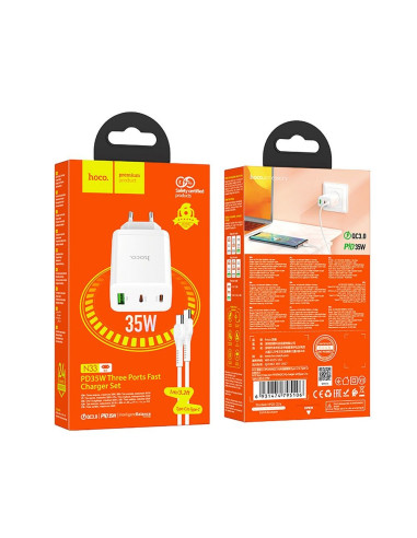Chargeur secteur HOCO 2 x Type C + USB A + câble Type C vers Type C PD QC3.0 3A 35W N33 blanc