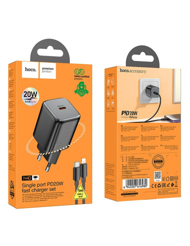 Chargeur secteur HOCO Type C + câble Type C vers Lightning QC PD 20W N40 noir