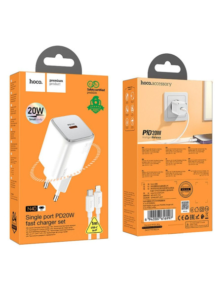 Chargeur secteur HOCO Type C + câble Type C vers Lightning QC PD 20W N40 blanc