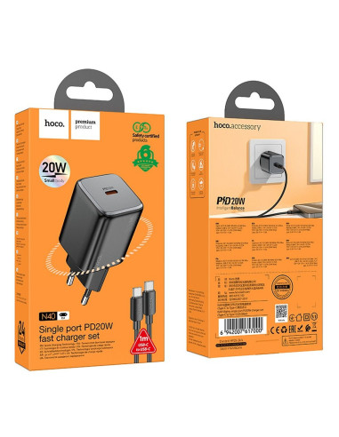 Chargeur HOCO Type C + câble Type C vers Type C QC PD 20W N40 noir
