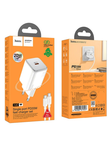 Chargeur HOCO Type C + câble Type C vers Type C QC PD 20W N40 blanc