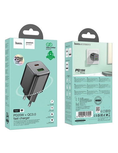HOCO USB A + Type C PD QC 3A 20W Chargeur secteur N41 noir