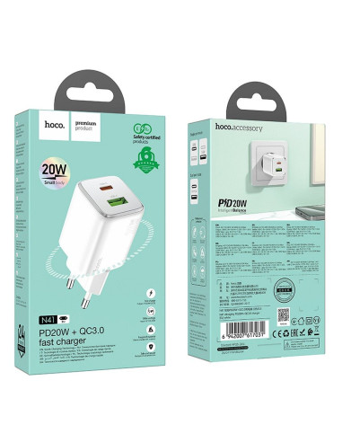 HOCO USB A + Type C PD QC 3A 20W Chargeur secteur N41 blanc