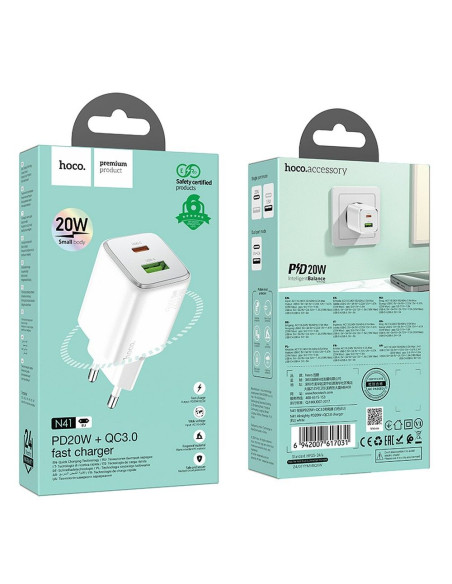 HOCO USB A + Type C PD QC 3A 20W Chargeur secteur N41 blanc