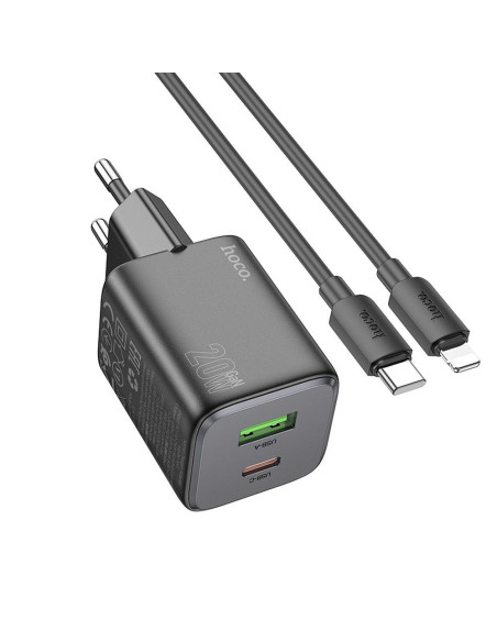 HOCO Chargeur secteur USB A + Type C + câble Type C vers Lightning PD QC 3A 20W N41 noir