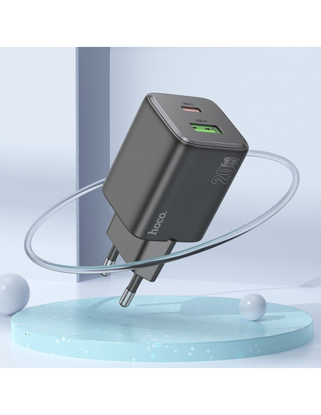 HOCO Chargeur secteur USB A + Type C + câble Type C vers Lightning PD QC 3A 20W N41 noir