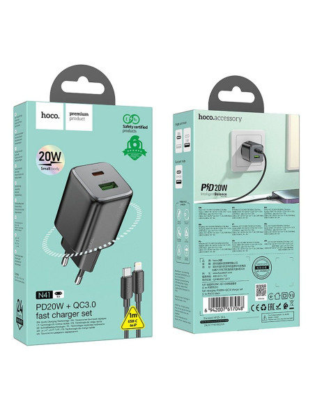 HOCO Chargeur secteur USB A + Type C + câble Type C vers Lightning PD QC 3A 20W N41 noir